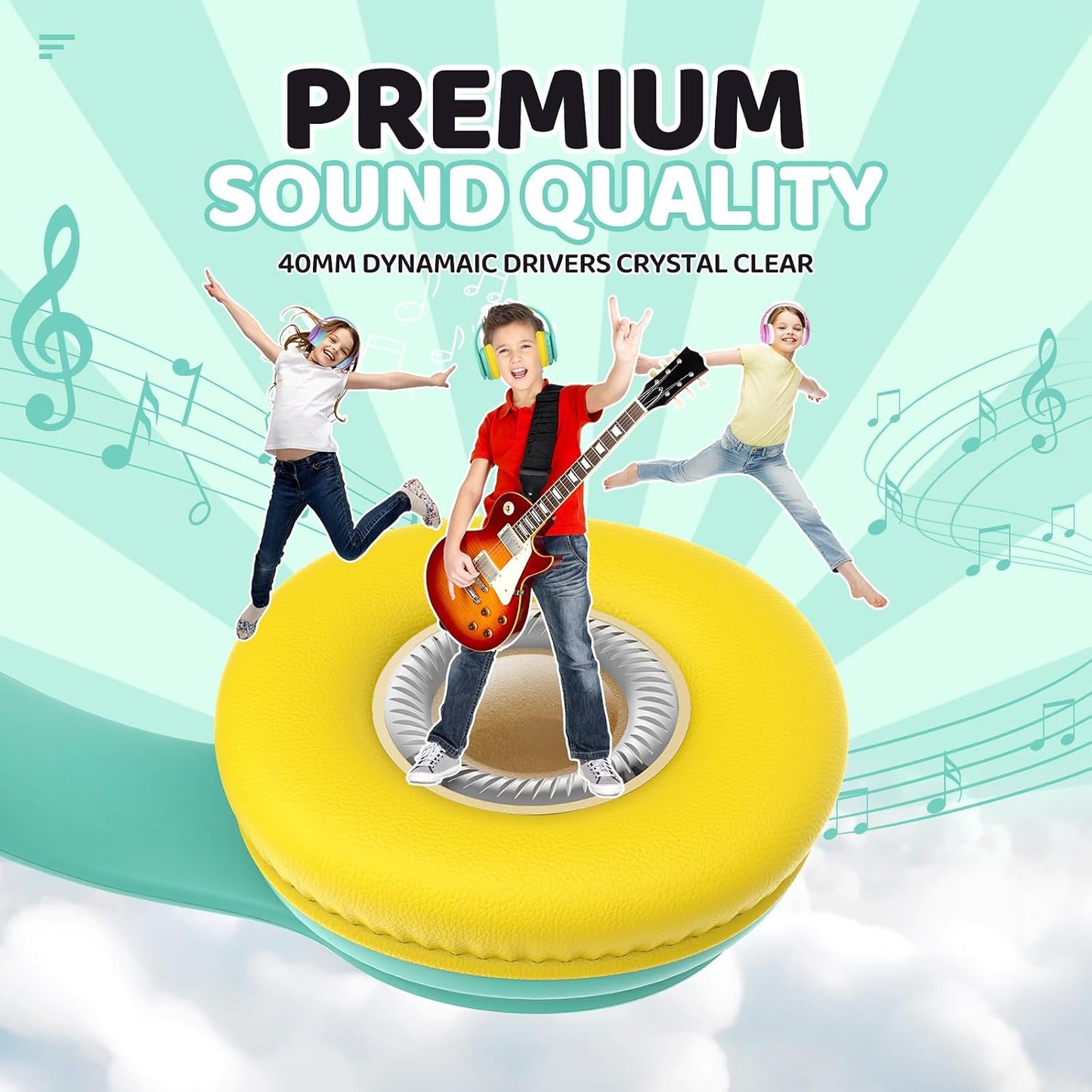 Kids Bluetooth Headphones Over-Ear, 60Hrs, Built-In Mic-Green