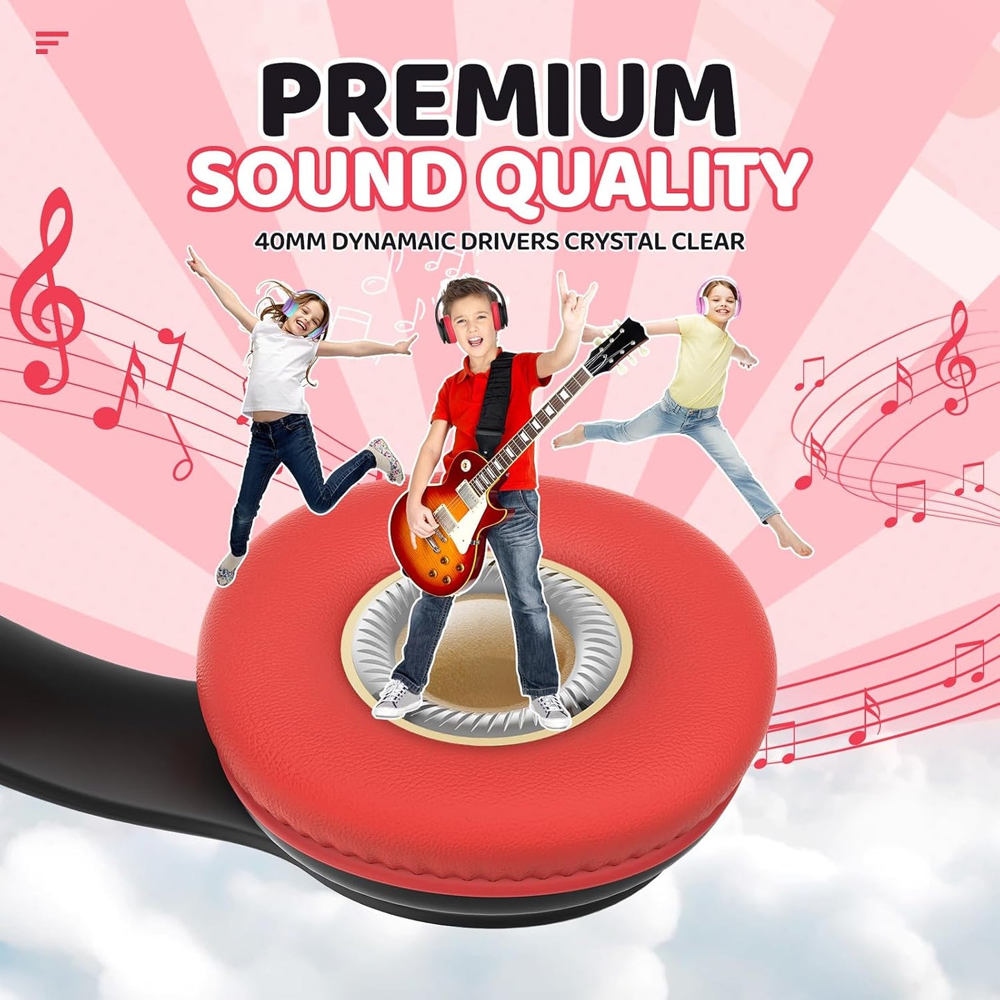 Kids Bluetooth Headphones Over-Ear, 60Hrs, Built-In Mic-Black