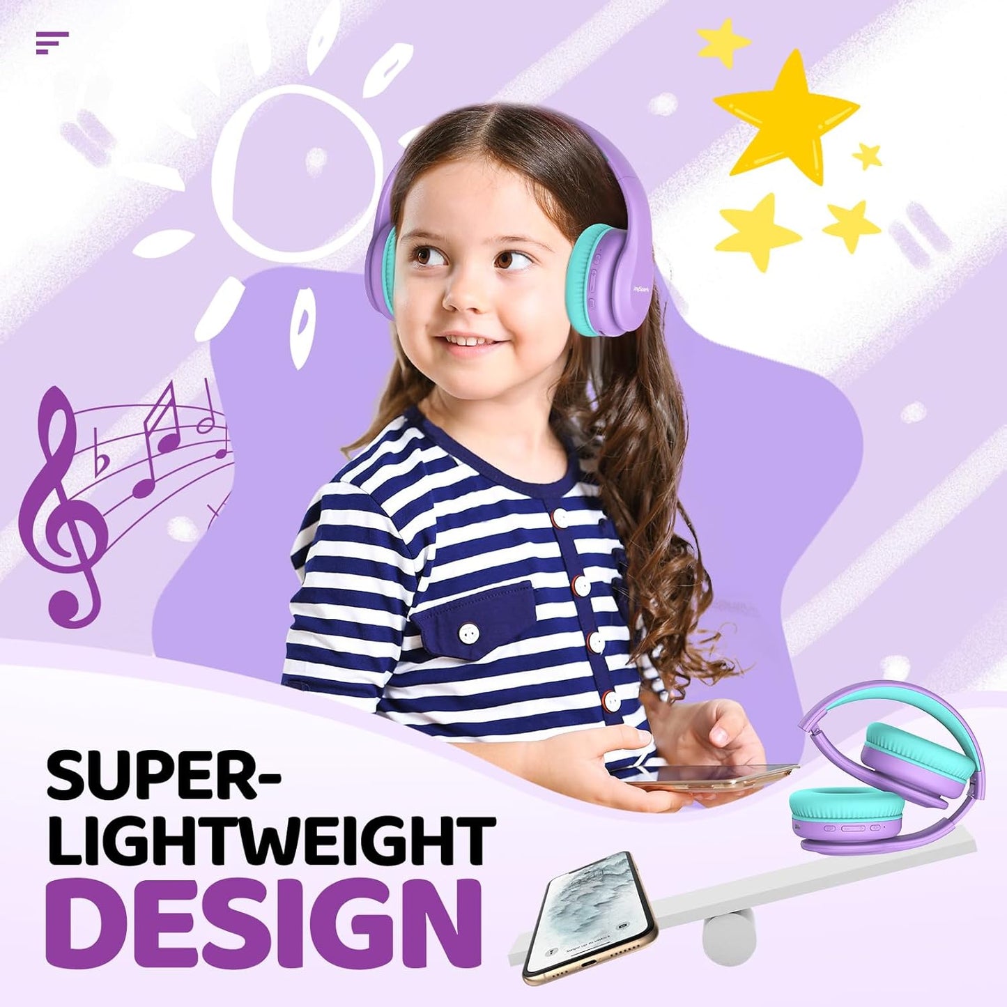 Kids Bluetooth Headphones Over-Ear, 60Hrs, Built-In Mic-Purple