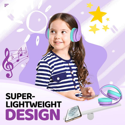 Kids Bluetooth Headphones Over-Ear, 60Hrs, Built-In Mic-Purple