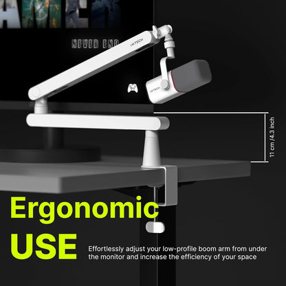 White Microphone Boom Arm Stand Low Profile Boom Arm Adjustable Mic Stand with Built in Cable Management 360° Swivel Mic Arm.
