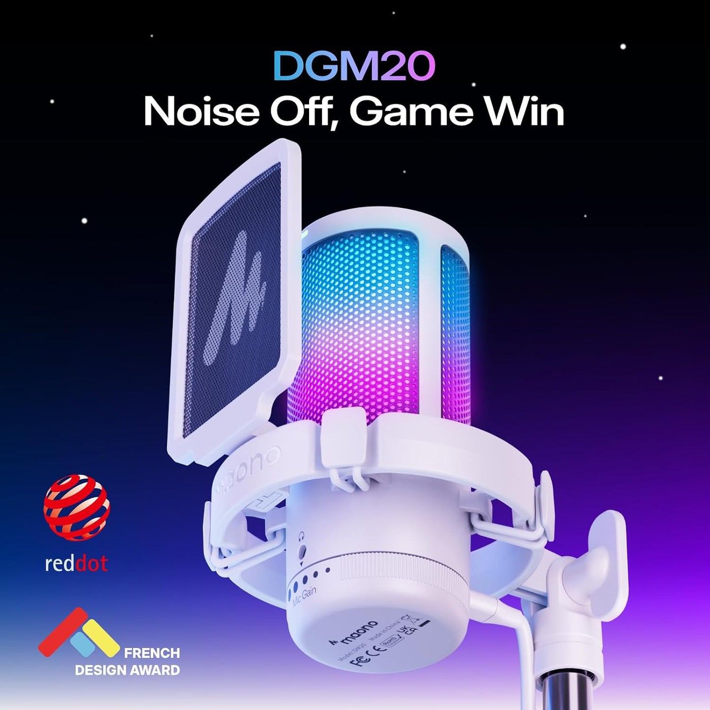 DGM20S USB Microphone for PC with Clear Voice & Noise Reduction | RGB Lighting, Tap-To-Mute, Gain Control, Monitoring and Boom Arm for Discord Gaming, Streaming, Content Creation.White