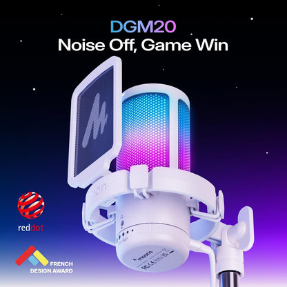 DGM20S USB Microphone for PC with Clear Voice & Noise Reduction | RGB Lighting, Tap-To-Mute, Gain Control, Monitoring and Boom Arm for Discord Gaming, Streaming, Content Creation.White