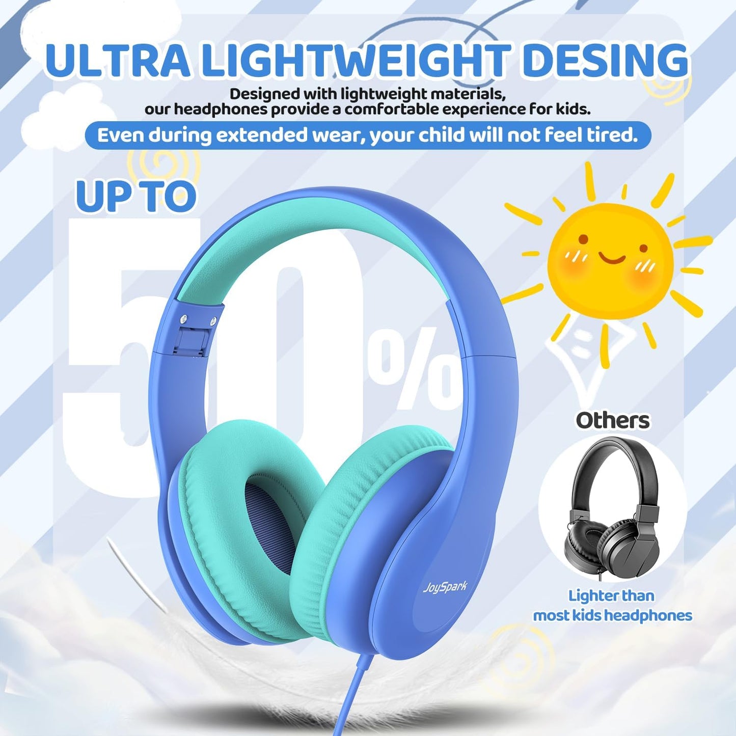 Wired Headphones for Kids, 85Db Volume Limit, 3.5Mm Kids Headphones with Cord, Adjustable, Stereo Sound Foldable Toddler Headsets for School-Blue