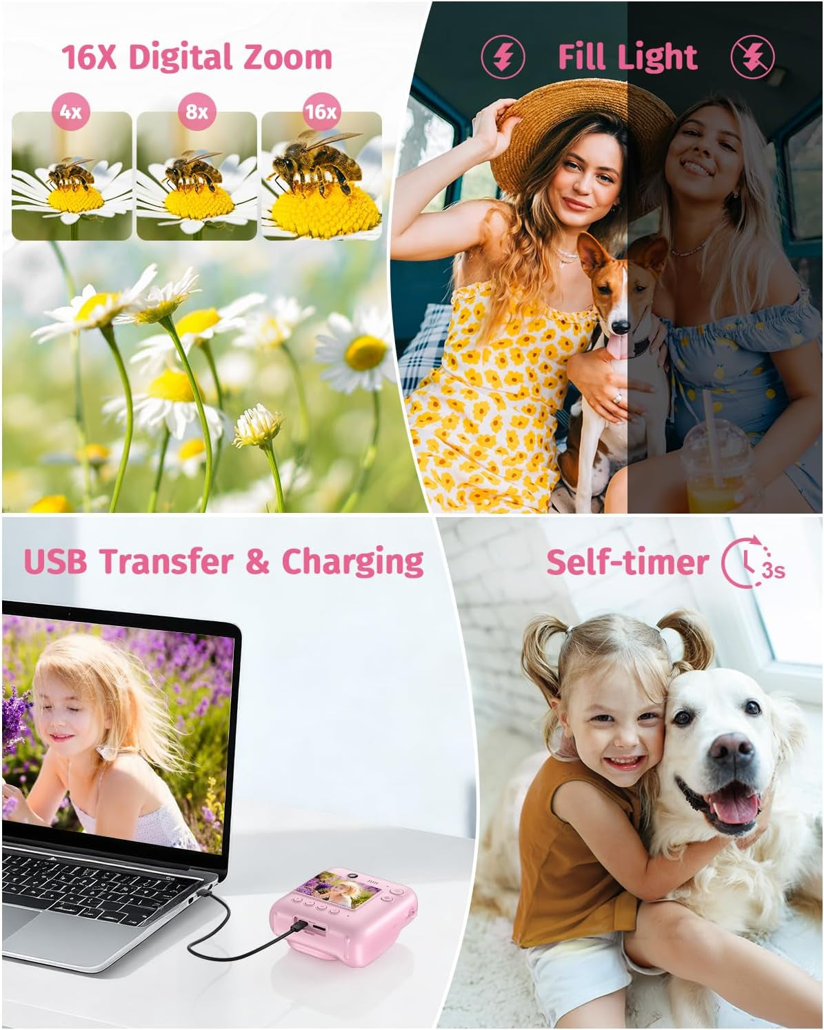 Kids Camera Instant Print, Dual Lens, with Print Paper, 32GB Card(Pink)