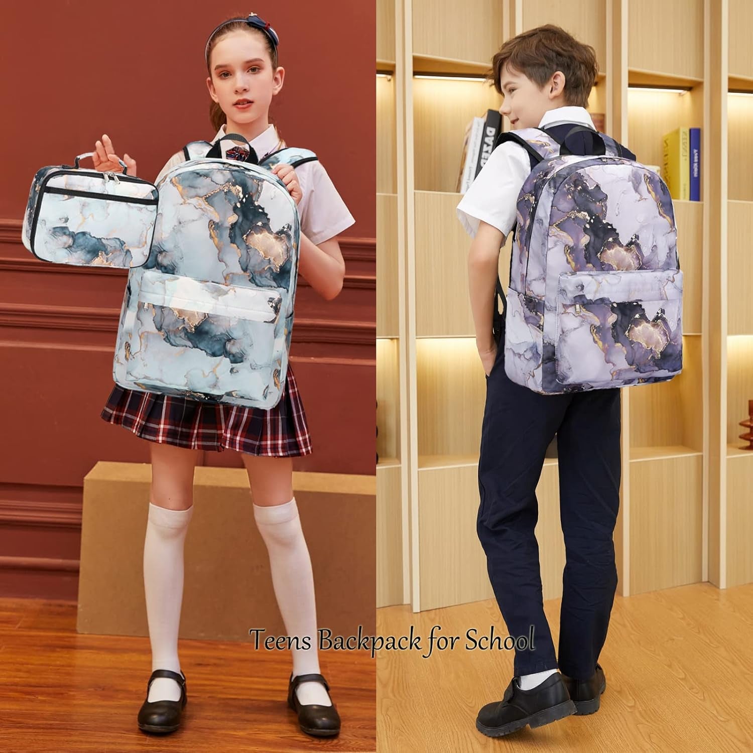 Backpack for Girls, Marble Girls Backpack with Lunch Box Kids School Bag Travel Back Packs