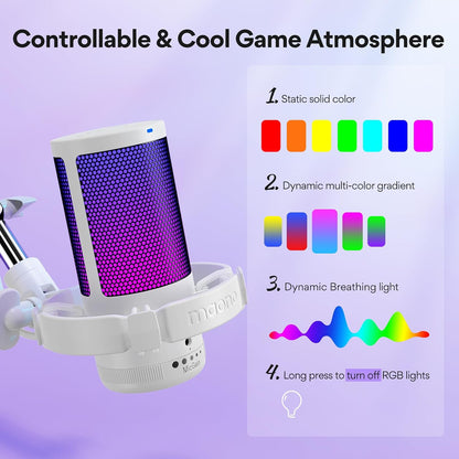 DGM20S USB Microphone for PC with Clear Voice & Noise Reduction | RGB Lighting, Tap-To-Mute, Gain Control, Monitoring and Boom Arm for Discord Gaming, Streaming, Content Creation.White