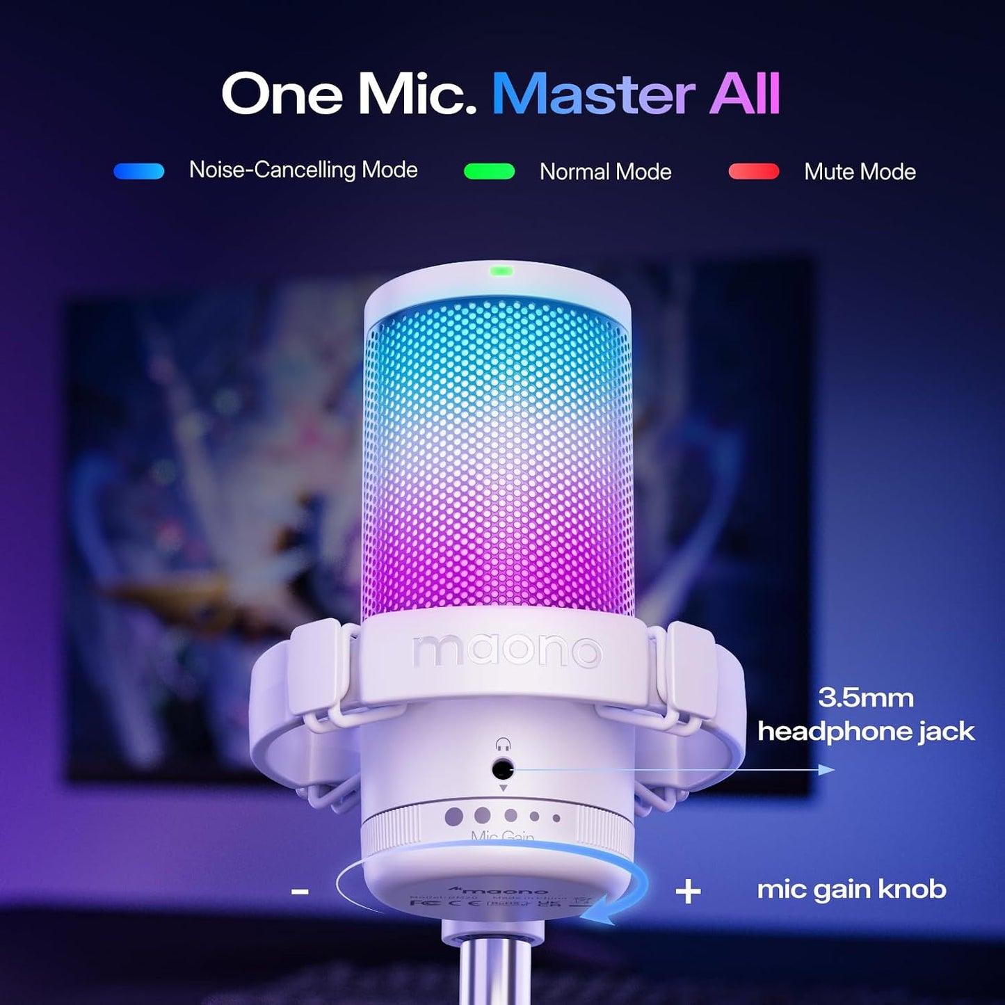 DGM20S USB Microphone for PC with Clear Voice & Noise Reduction | RGB Lighting, Tap-To-Mute, Gain Control, Monitoring and Boom Arm for Discord Gaming, Streaming, Content Creation.White