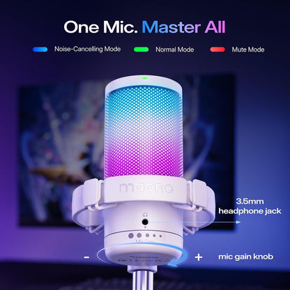 DGM20S USB Microphone for PC with Clear Voice & Noise Reduction | RGB Lighting, Tap-To-Mute, Gain Control, Monitoring and Boom Arm for Discord Gaming, Streaming, Content Creation.White