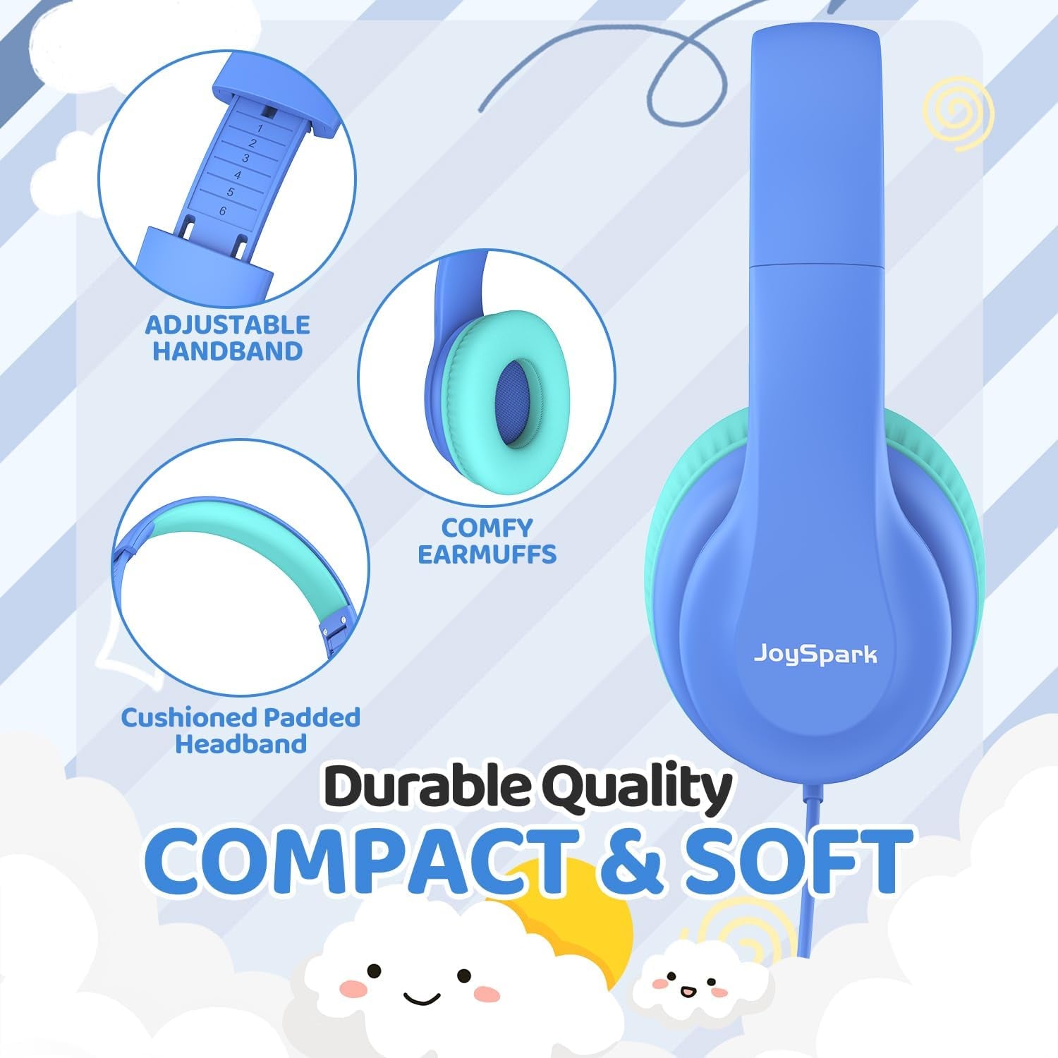 Wired Headphones for Kids, 85Db Volume Limit, 3.5Mm Kids Headphones with Cord, Adjustable, Stereo Sound Foldable Toddler Headsets for School-Blue