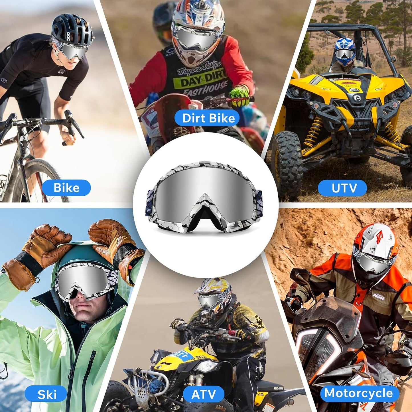 Dirt Bike Goggles - Polarized MX Helmet Goggles for ATV, Motocross | Off-Road & Ski Eyewear, UV400, anti Fog Scratch Lens, Windproof Dustproof, for Youth Men & Women - Sliver Lens