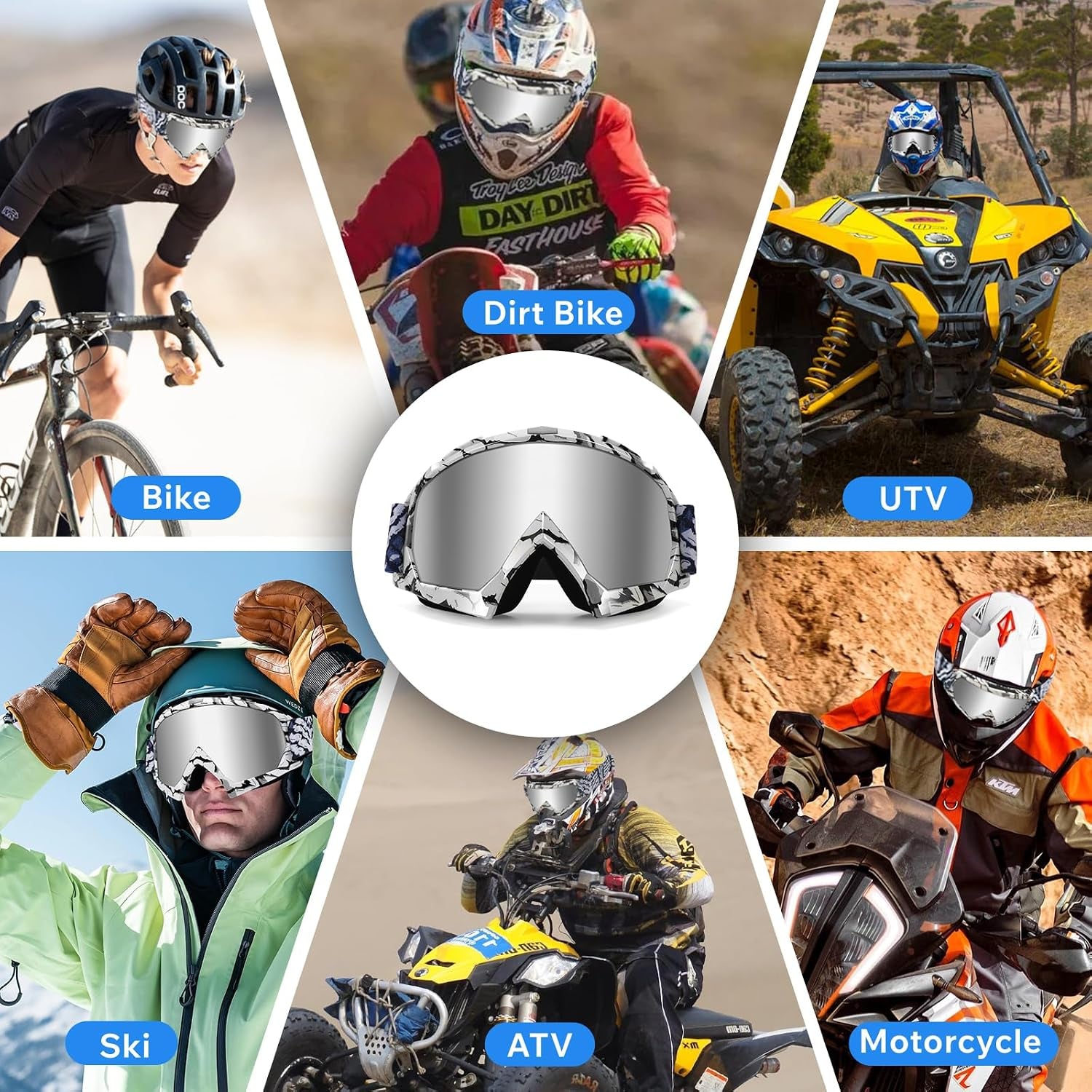 Dirt Bike Goggles - Polarized MX Helmet Goggles for ATV, Motocross | Off-Road & Ski Eyewear, UV400, anti Fog Scratch Lens, Windproof Dustproof, for Youth Men & Women - Sliver Lens