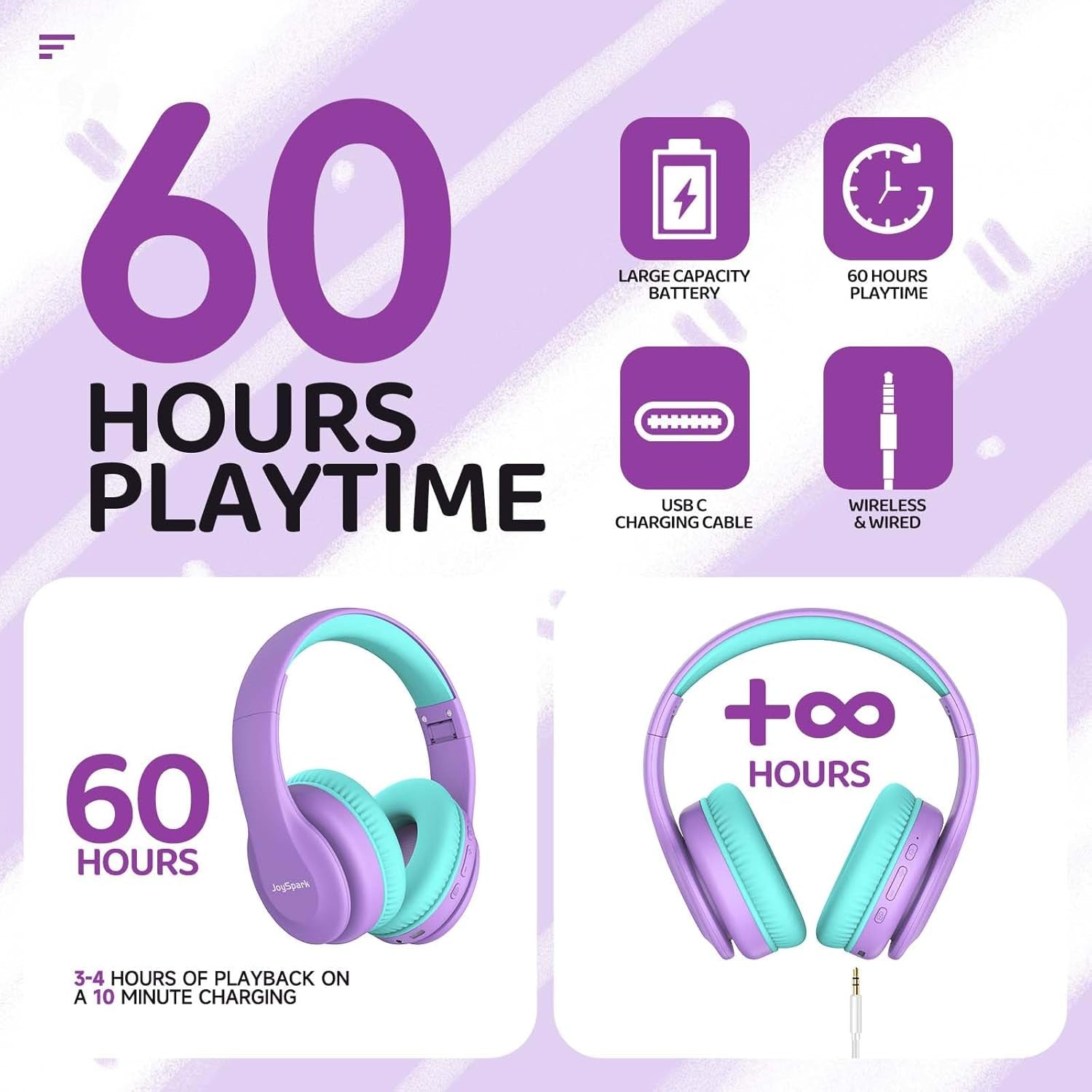 Kids Bluetooth Headphones Over-Ear, 60Hrs, Built-In Mic-Purple