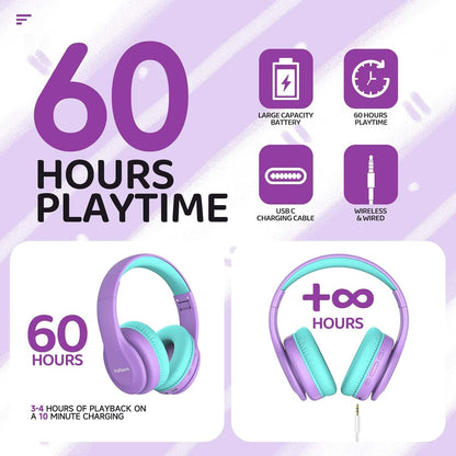 Kids Bluetooth Headphones Over-Ear, 60Hrs, Built-In Mic-Purple