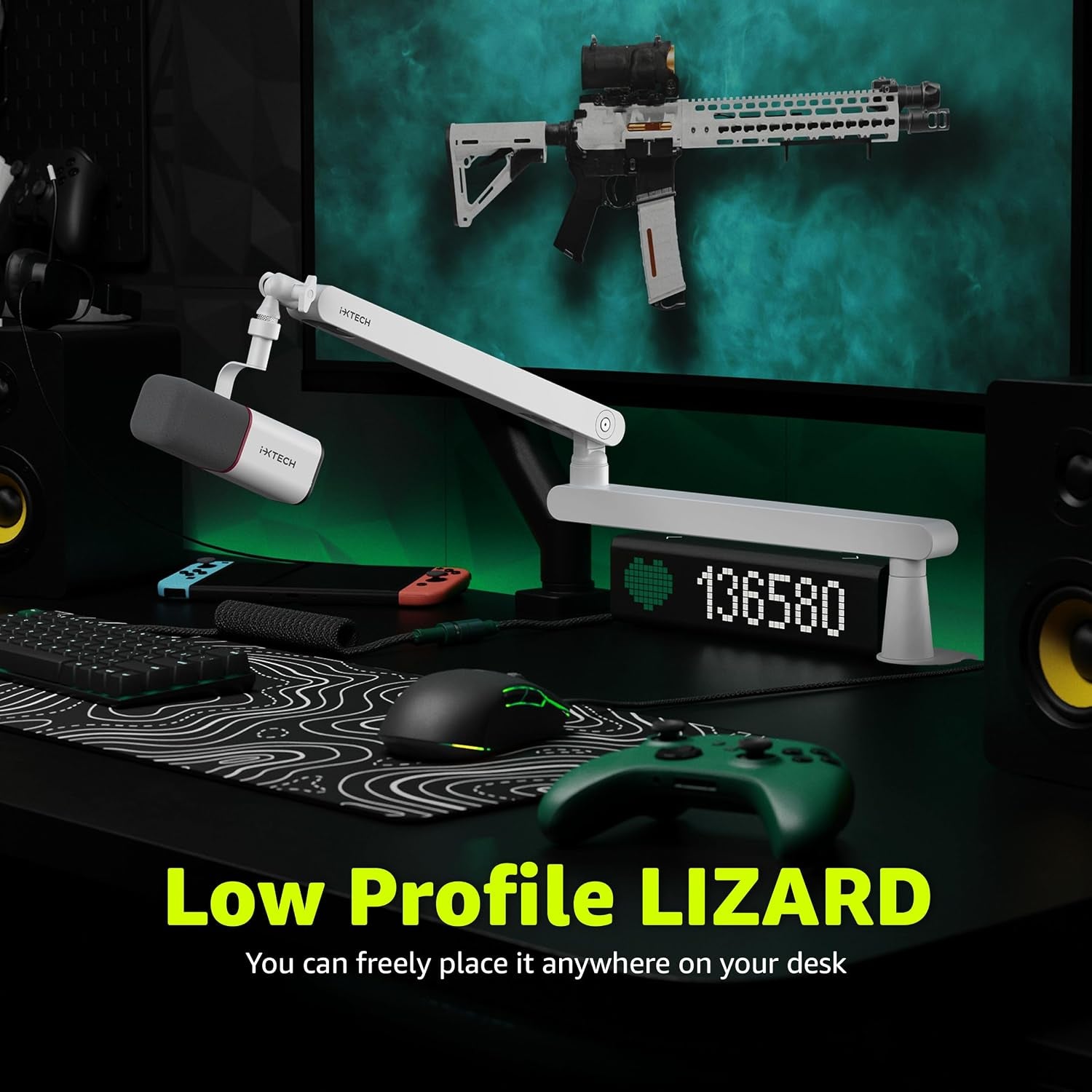 White Microphone Boom Arm Stand Low Profile Boom Arm Adjustable Mic Stand with Built in Cable Management 360° Swivel Mic Arm.
