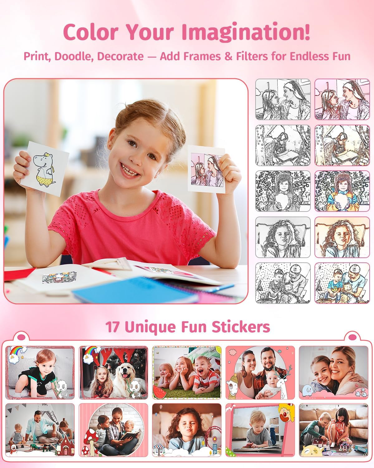 Kids Camera Instant Print, Dual Lens, with Print Paper, 32GB Card(Pink)