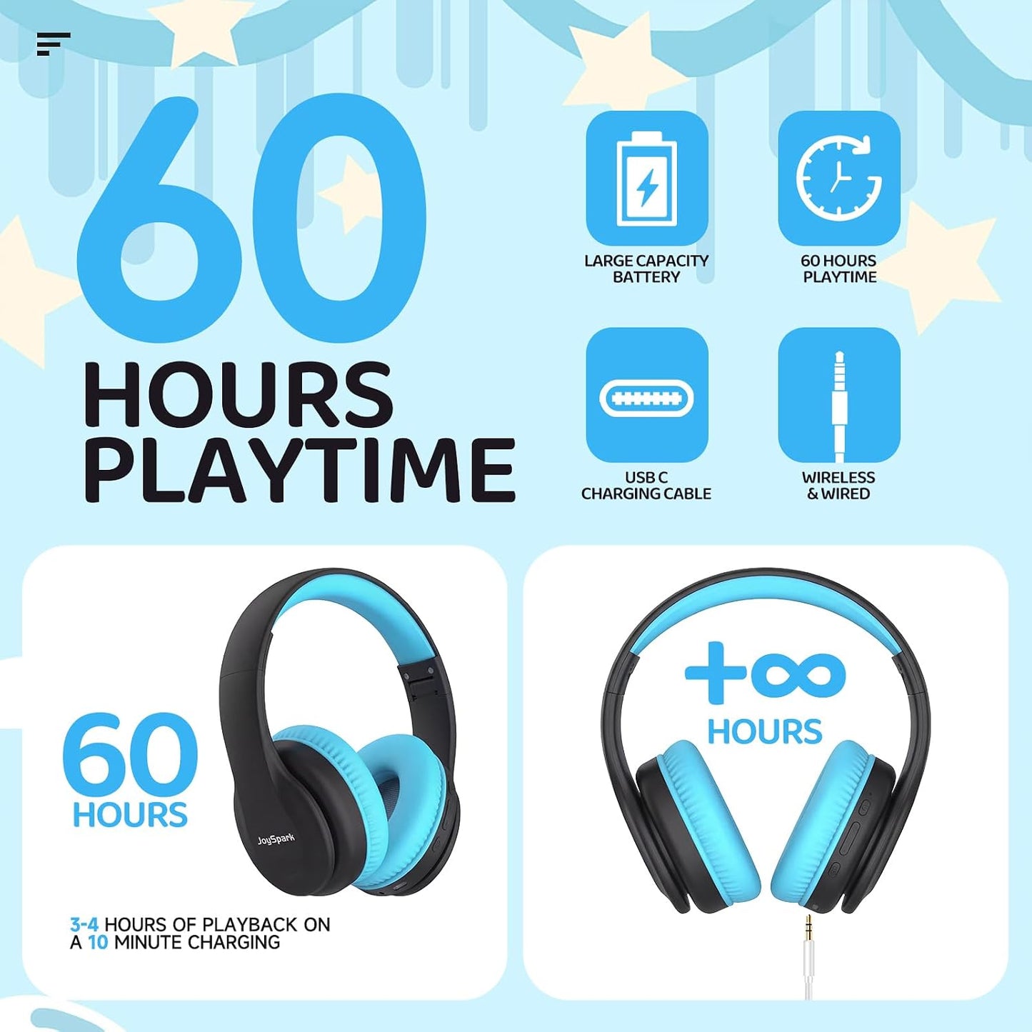 Kids Bluetooth Headphones Over-Ear, 60Hrs, Built-In Mic-Black Blue