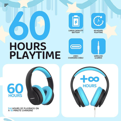 Kids Bluetooth Headphones Over-Ear, 60Hrs, Built-In Mic-Black Blue