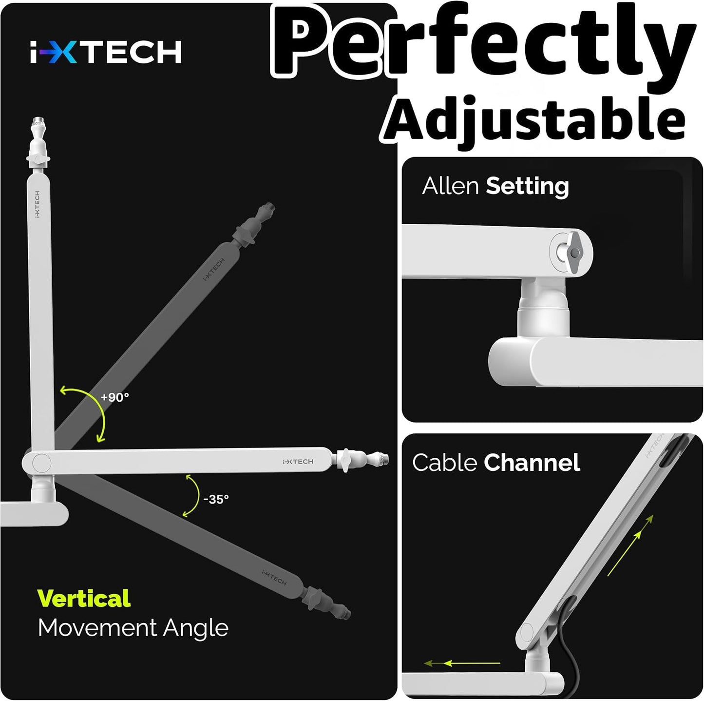 White Microphone Boom Arm Stand Low Profile Boom Arm Adjustable Mic Stand with Built in Cable Management 360° Swivel Mic Arm.