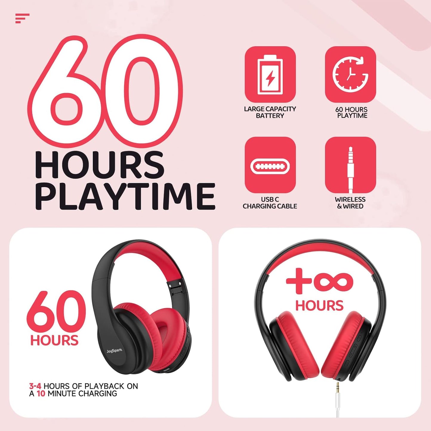 Kids Bluetooth Headphones Over-Ear, 60Hrs, Built-In Mic-Black