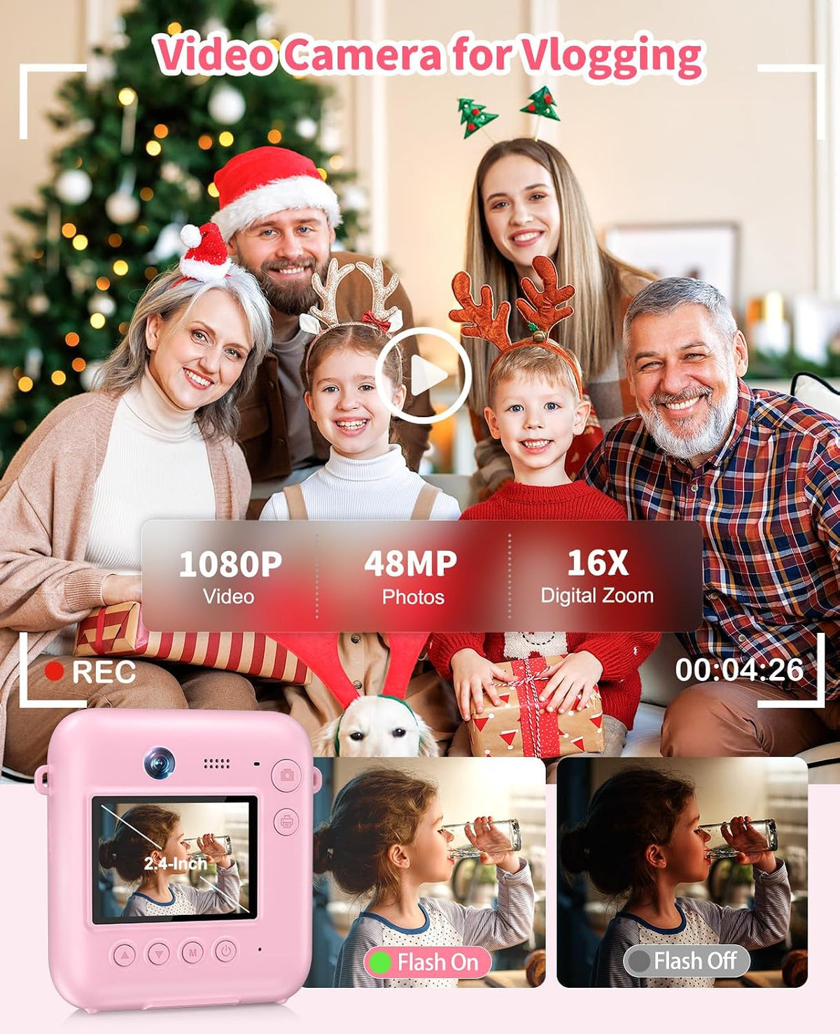 Kids Camera Instant Print, 1080P Dual-Lens Digital Camera for Kids, Pink