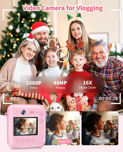 Kids Camera Instant Print, 1080P Dual-Lens Digital Camera for Kids, Pink
