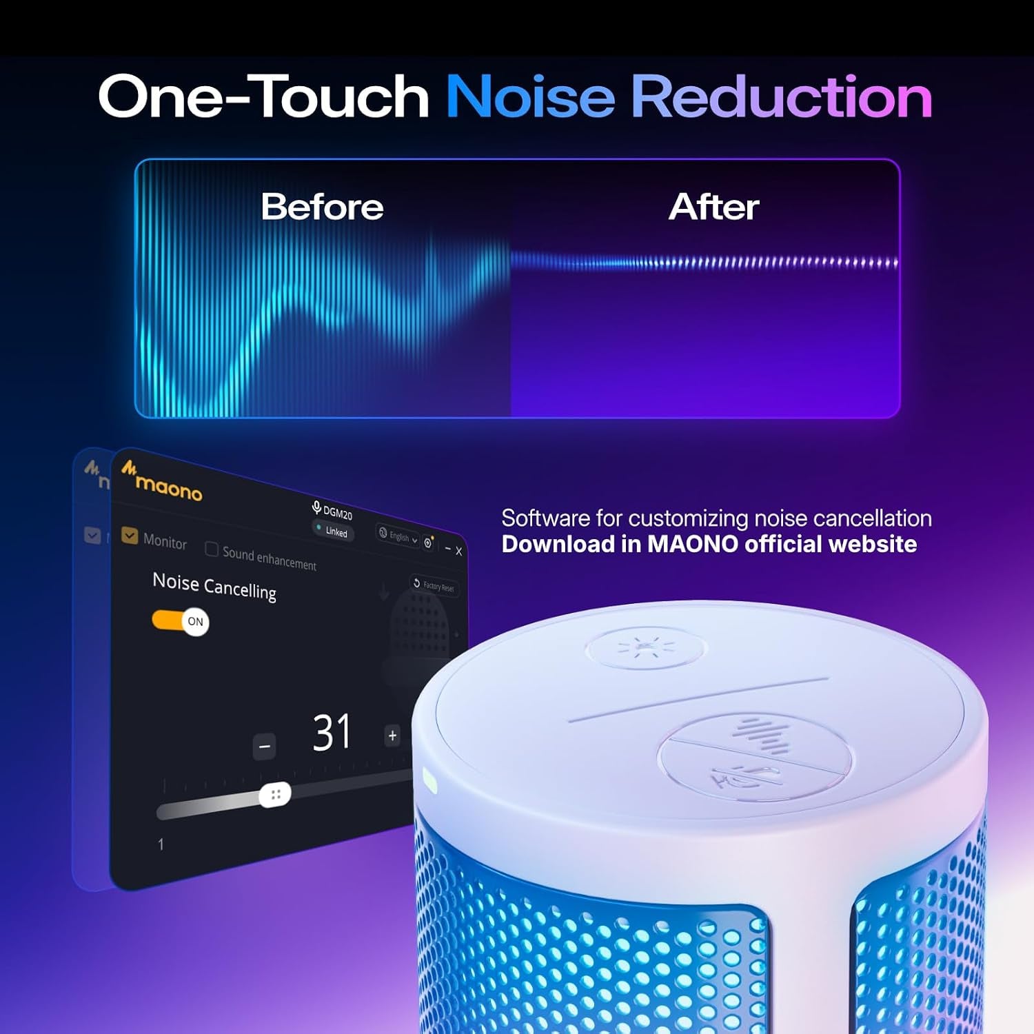 DGM20S USB Microphone for PC with Clear Voice & Noise Reduction | RGB Lighting, Tap-To-Mute, Gain Control, Monitoring and Boom Arm for Discord Gaming, Streaming, Content Creation.White