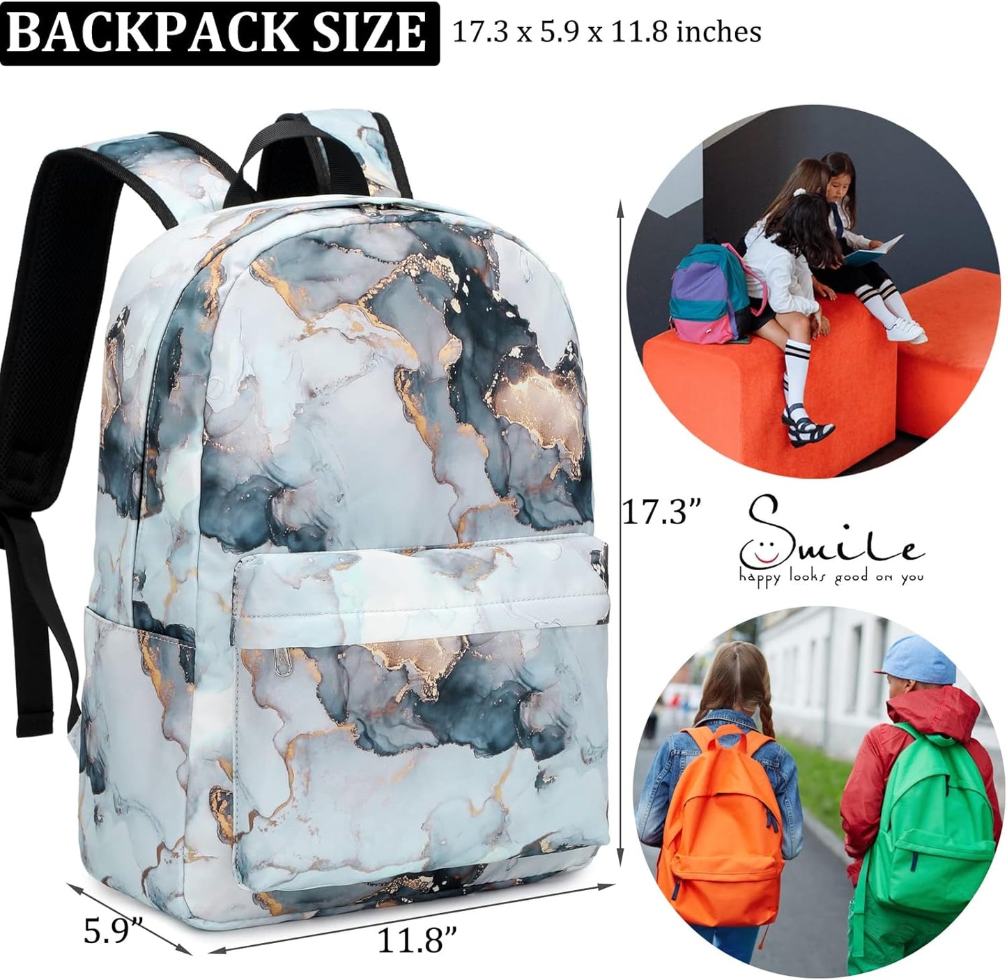 Backpack for Girls, Marble Girls Backpack with Lunch Box Kids School Bag Travel Back Packs