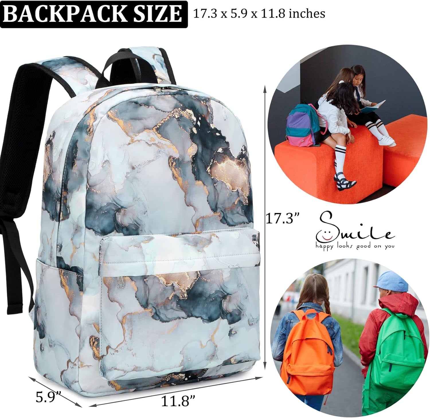 Backpack for Girls, Marble Girls Backpack with Lunch Box Kids School Bag Travel Back Packs
