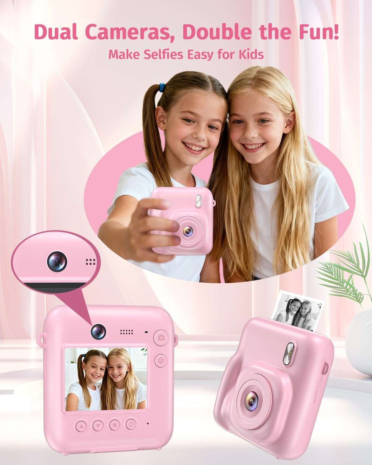 Kids Camera Instant Print, Dual Lens, with Print Paper, 32GB Card(Pink)
