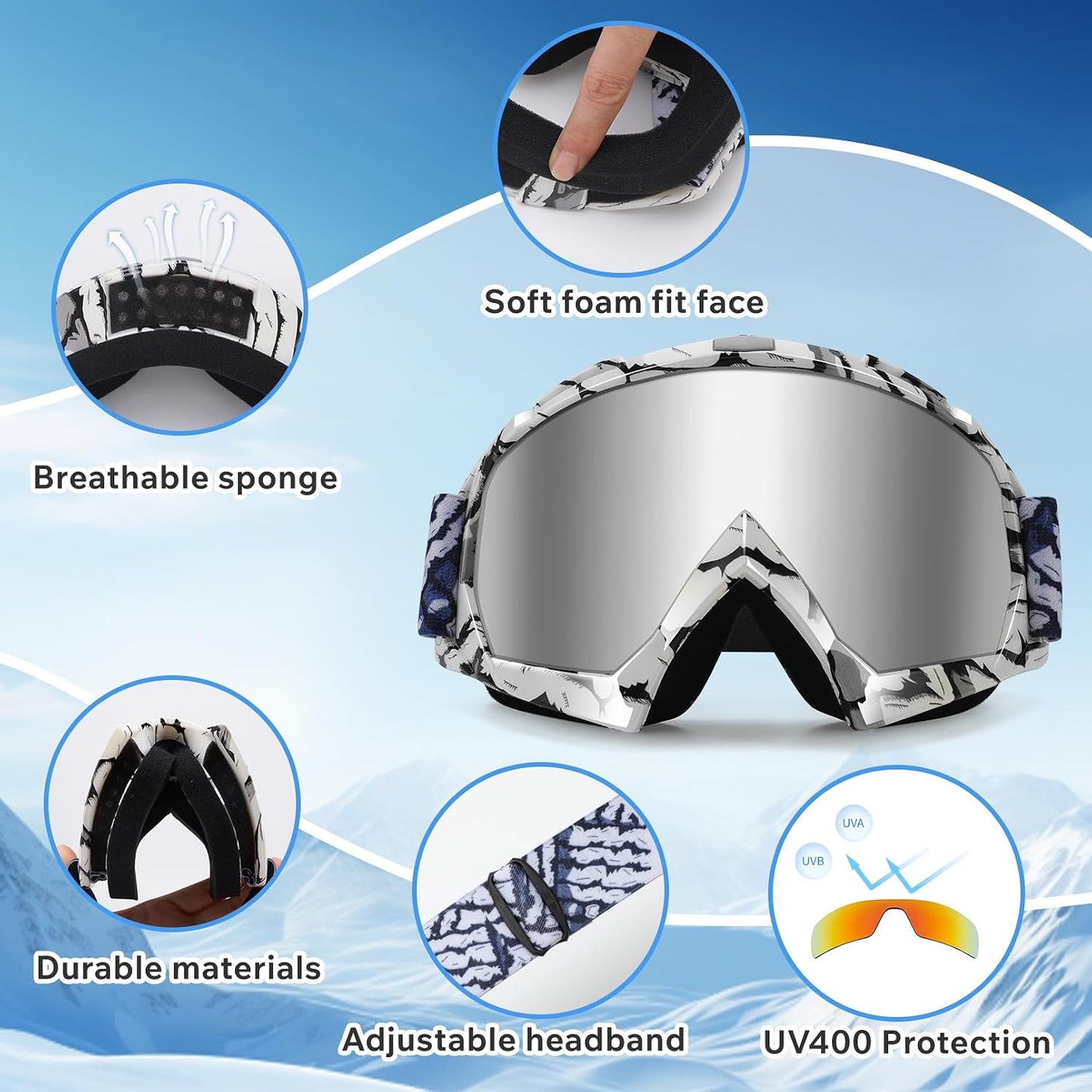Dirt Bike Goggles - Polarized MX Helmet Goggles for ATV, Motocross | Off-Road & Ski Eyewear, UV400, anti Fog Scratch Lens, Windproof Dustproof, for Youth Men & Women - Sliver Lens