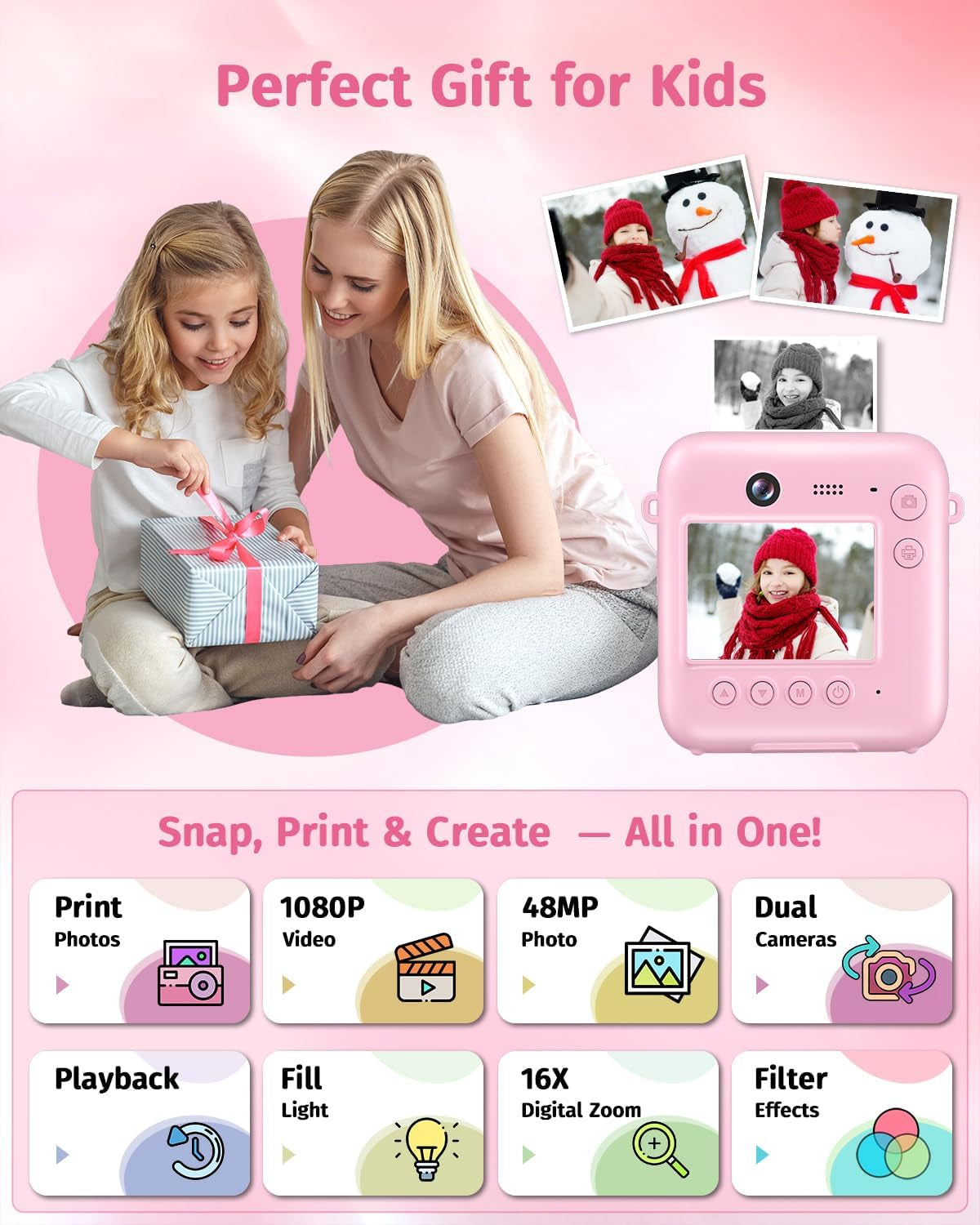 Kids Camera Instant Print, Dual Lens, with Print Paper, 32GB Card(Pink)