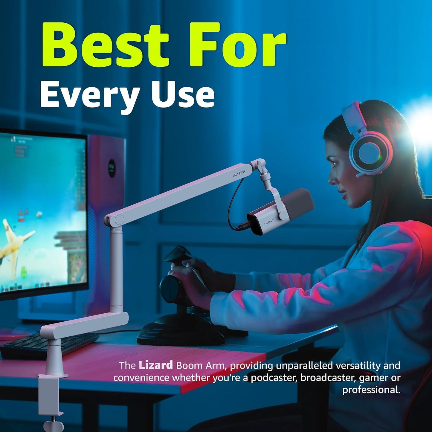 White Microphone Boom Arm Stand Low Profile Boom Arm Adjustable Mic Stand with Built in Cable Management 360° Swivel Mic Arm.