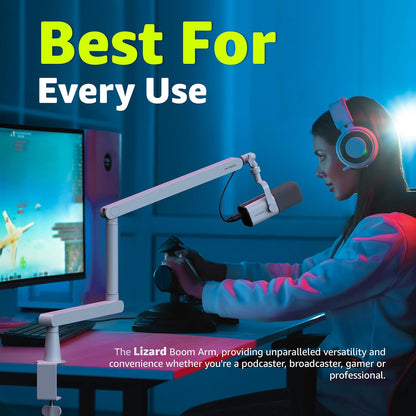 White Microphone Boom Arm Stand Low Profile Boom Arm Adjustable Mic Stand with Built in Cable Management 360° Swivel Mic Arm.