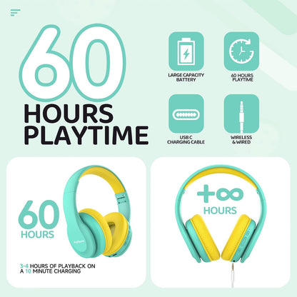 Kids Bluetooth Headphones Over-Ear, 60Hrs, Built-In Mic-Green