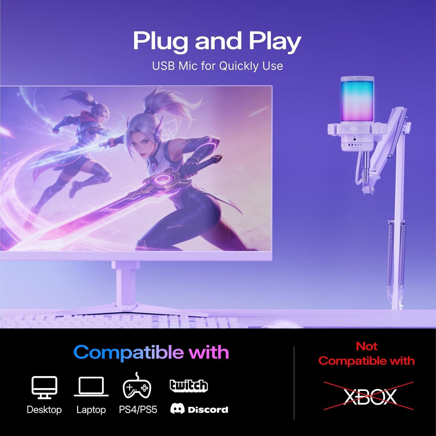 DGM20S USB Microphone for PC with Clear Voice & Noise Reduction | RGB Lighting, Tap-To-Mute, Gain Control, Monitoring and Boom Arm for Discord Gaming, Streaming, Content Creation.White
