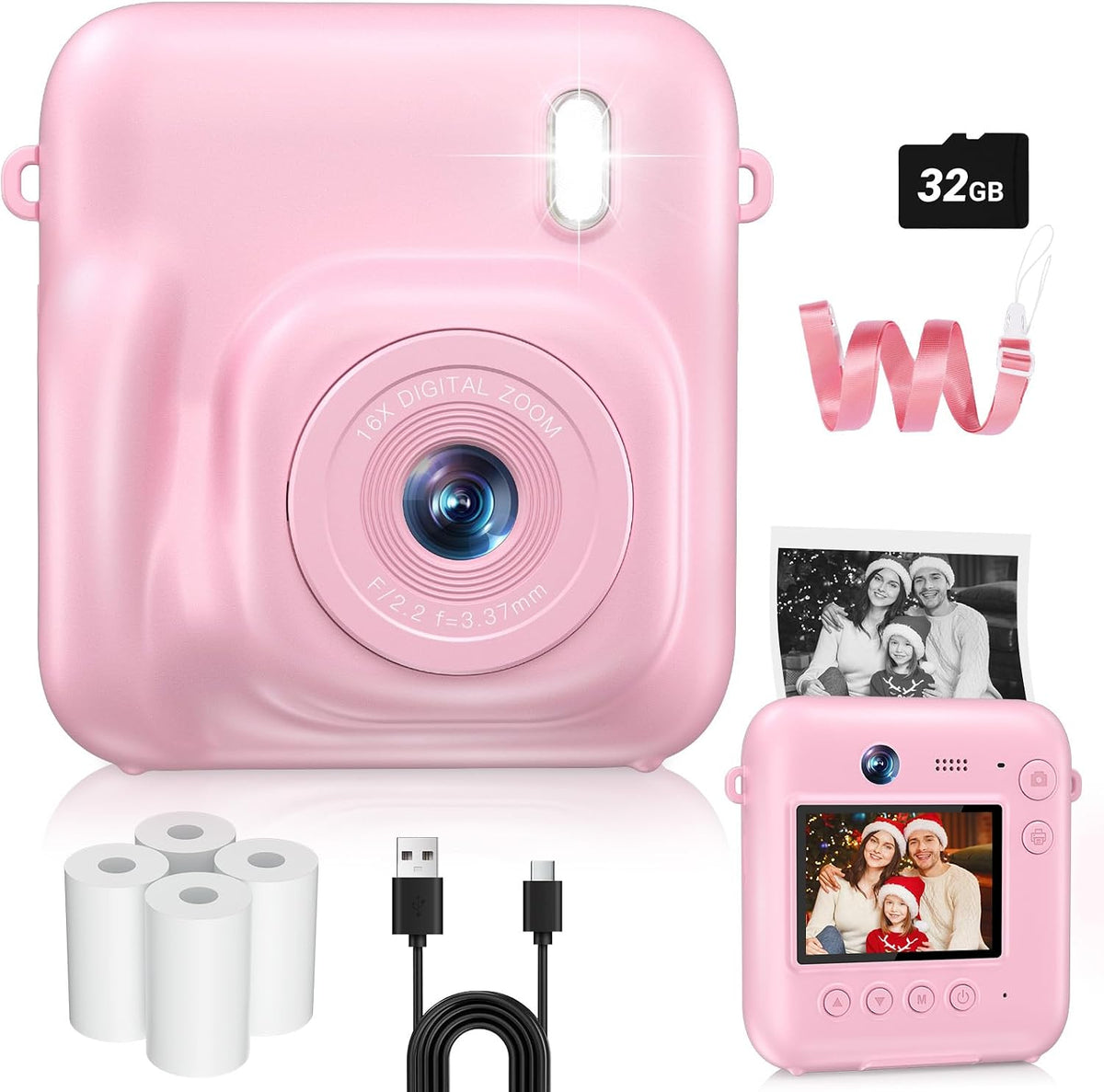 Kids Camera Instant Print, 1080P Dual-Lens Digital Camera for Kids, Pink