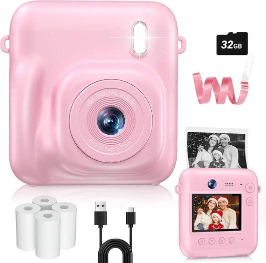Kids Camera Instant Print, 1080P Dual-Lens Digital Camera for Kids, Pink