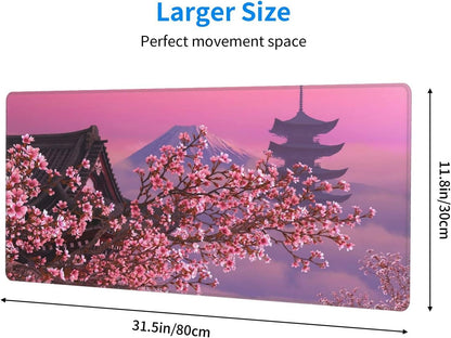 Japanese Sakura Flower Extended Mouse Pad 31.5X11.8 Inch XL Pink Cherry Blossom Non-Slip Rubber Base Large Mousepad with Stitched Edges Waterproof Keyboard Mouse Mat Desk Pad for Office Home Game