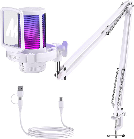 DGM20S USB Microphone for PC with Clear Voice & Noise Reduction | RGB Lighting, Tap-To-Mute, Gain Control, Monitoring and Boom Arm for Discord Gaming, Streaming, Content Creation.White
