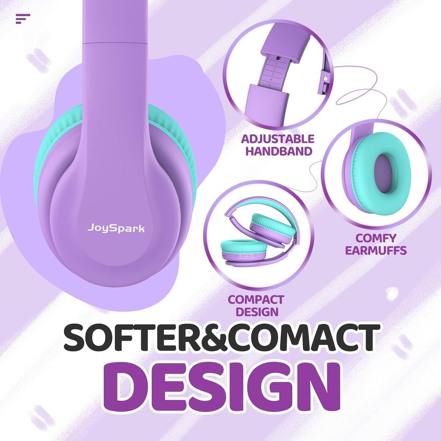 Kids Bluetooth Headphones Over-Ear, 60Hrs, Built-In Mic-Purple