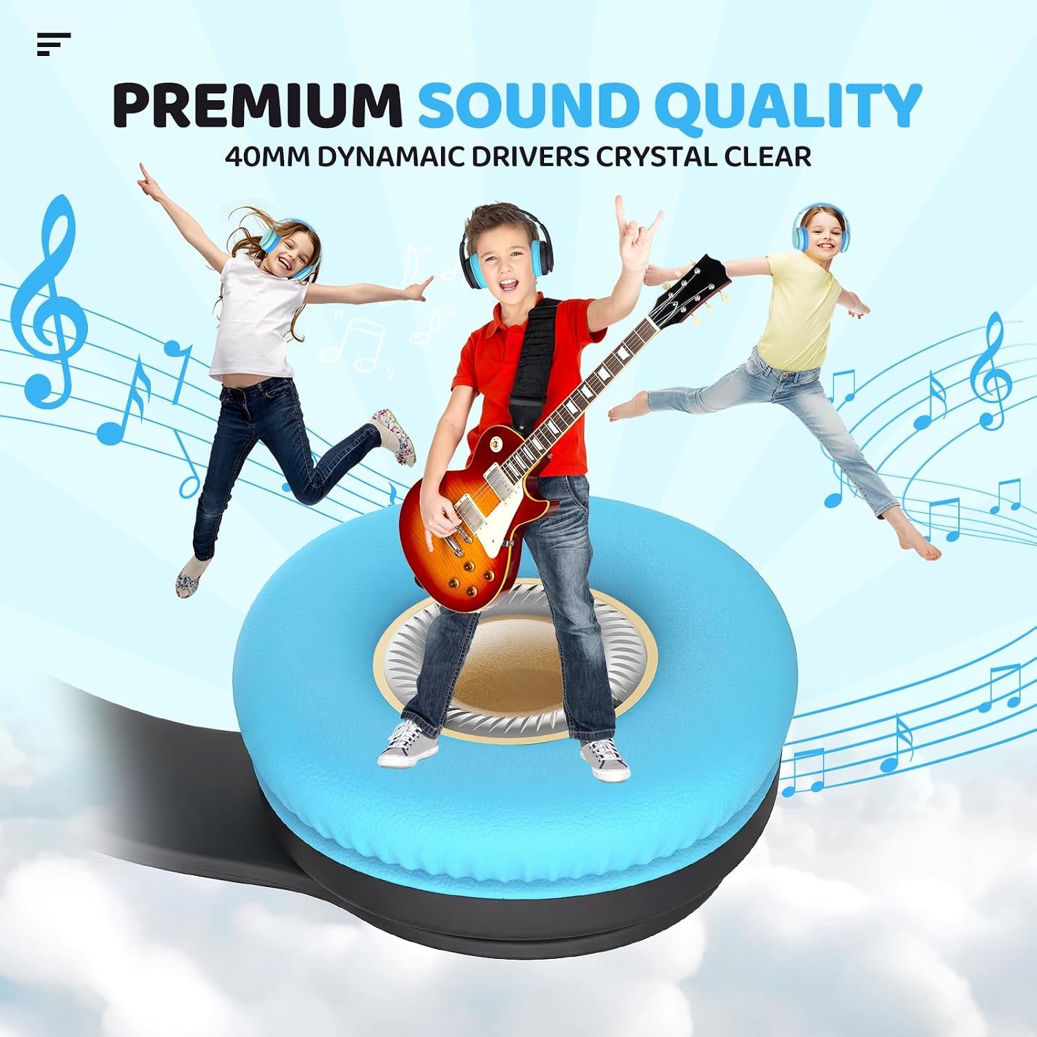 Kids Bluetooth Headphones Over-Ear, 60Hrs, Built-In Mic-Black Blue