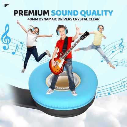 Kids Bluetooth Headphones Over-Ear, 60Hrs, Built-In Mic-Black Blue