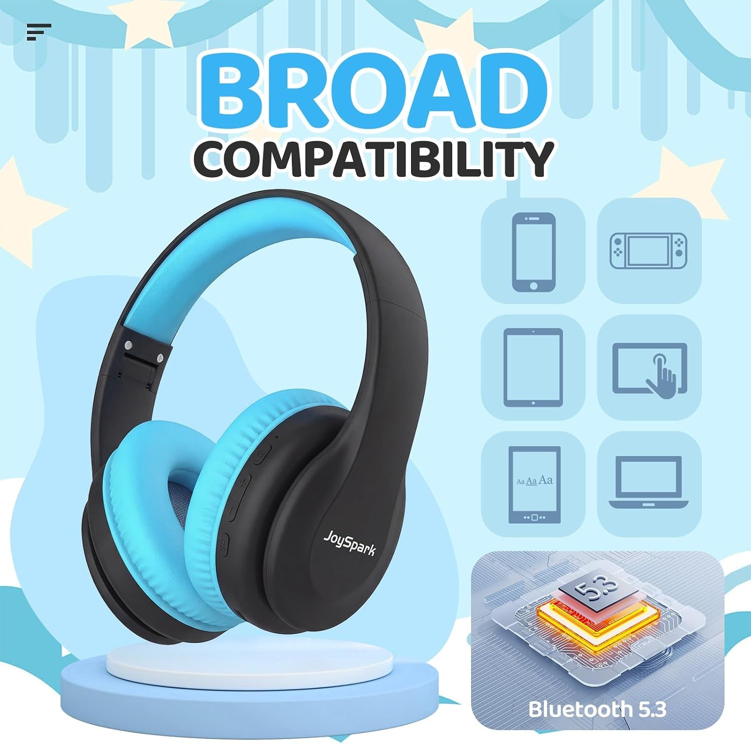 Kids Bluetooth Headphones Over-Ear, 60Hrs, Built-In Mic-Black Blue