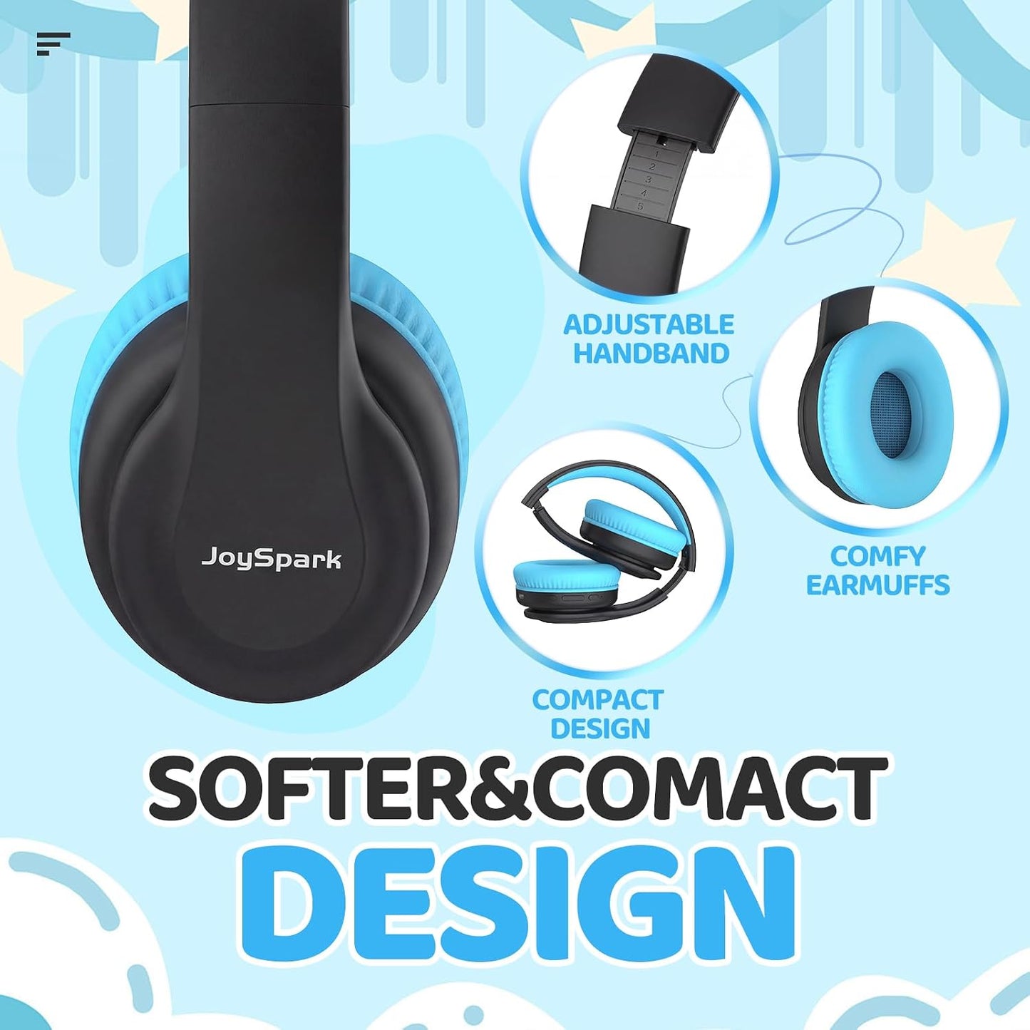 Kids Bluetooth Headphones Over-Ear, 60Hrs, Built-In Mic-Black Blue