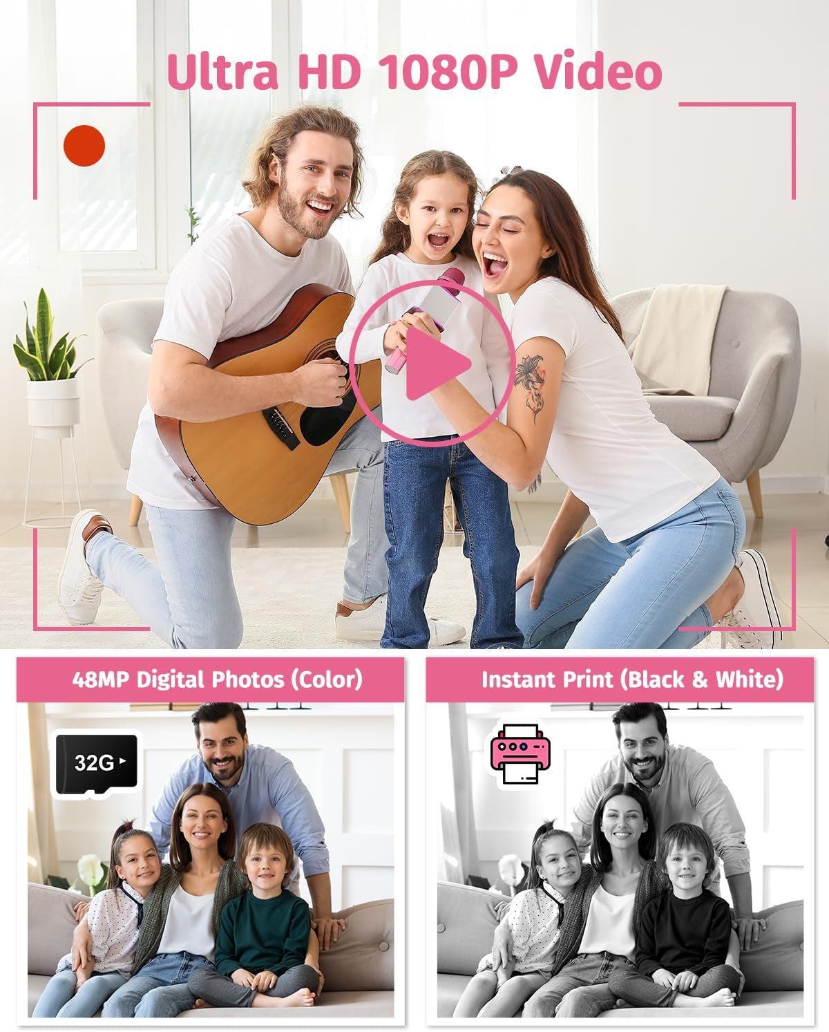 Kids Camera Instant Print, Dual Lens, with Print Paper, 32GB Card(Pink)