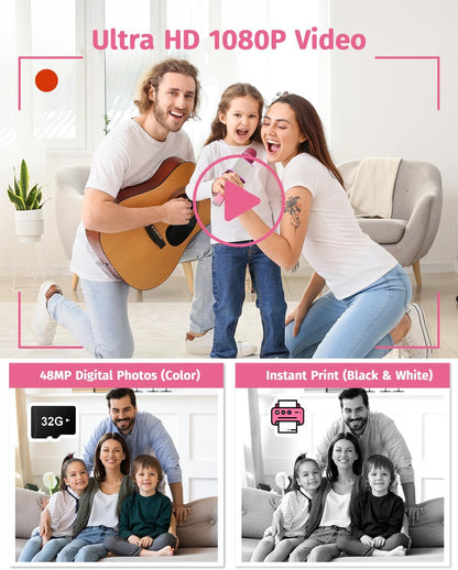 Kids Camera Instant Print, Dual Lens, with Print Paper, 32GB Card(Pink)