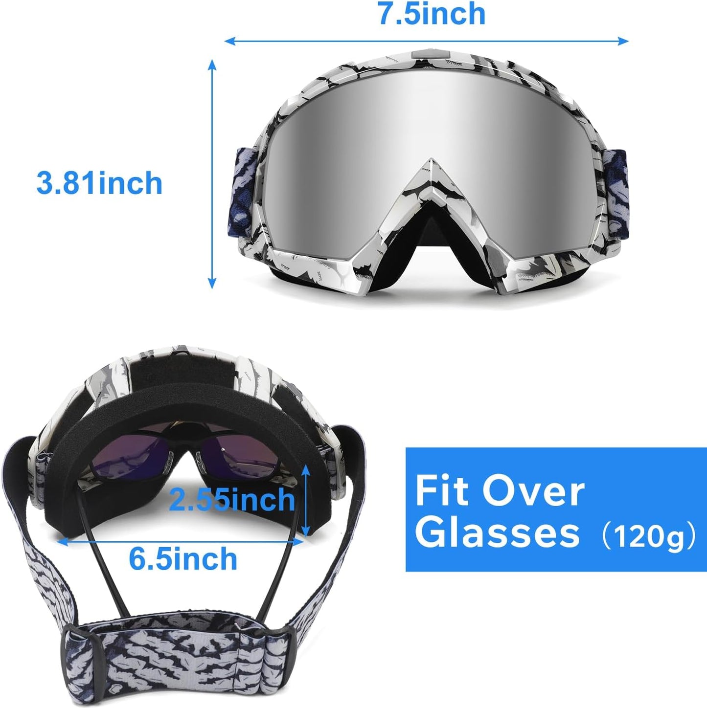 Dirt Bike Goggles - Polarized MX Helmet Goggles for ATV, Motocross | Off-Road & Ski Eyewear, UV400, anti Fog Scratch Lens, Windproof Dustproof, for Youth Men & Women - Sliver Lens