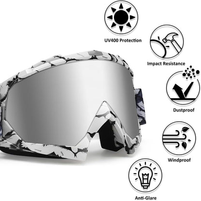 Dirt Bike Goggles - Polarized MX Helmet Goggles for ATV, Motocross | Off-Road & Ski Eyewear, UV400, anti Fog Scratch Lens, Windproof Dustproof, for Youth Men & Women - Sliver Lens