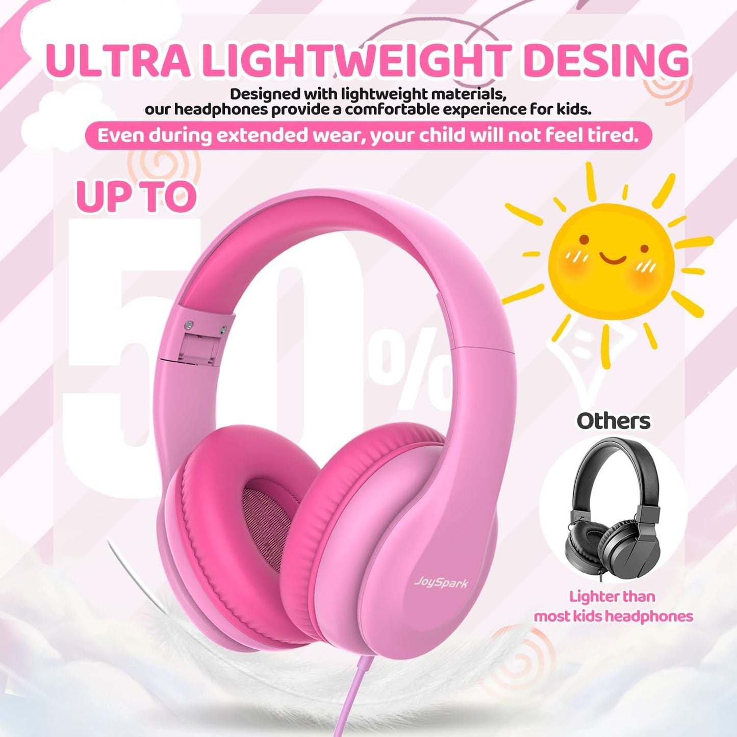 Wired Headphones for Kids, 85Db Volume Limit, 3.5Mm Kids Headphones with Cord, Adjustable, Stereo Sound Foldable Toddler Headsets for School-Pink
